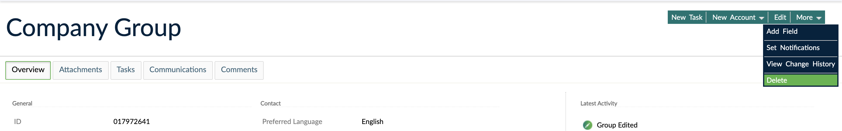 Group information screen with More button menu displayed and Delete button highlighted in green